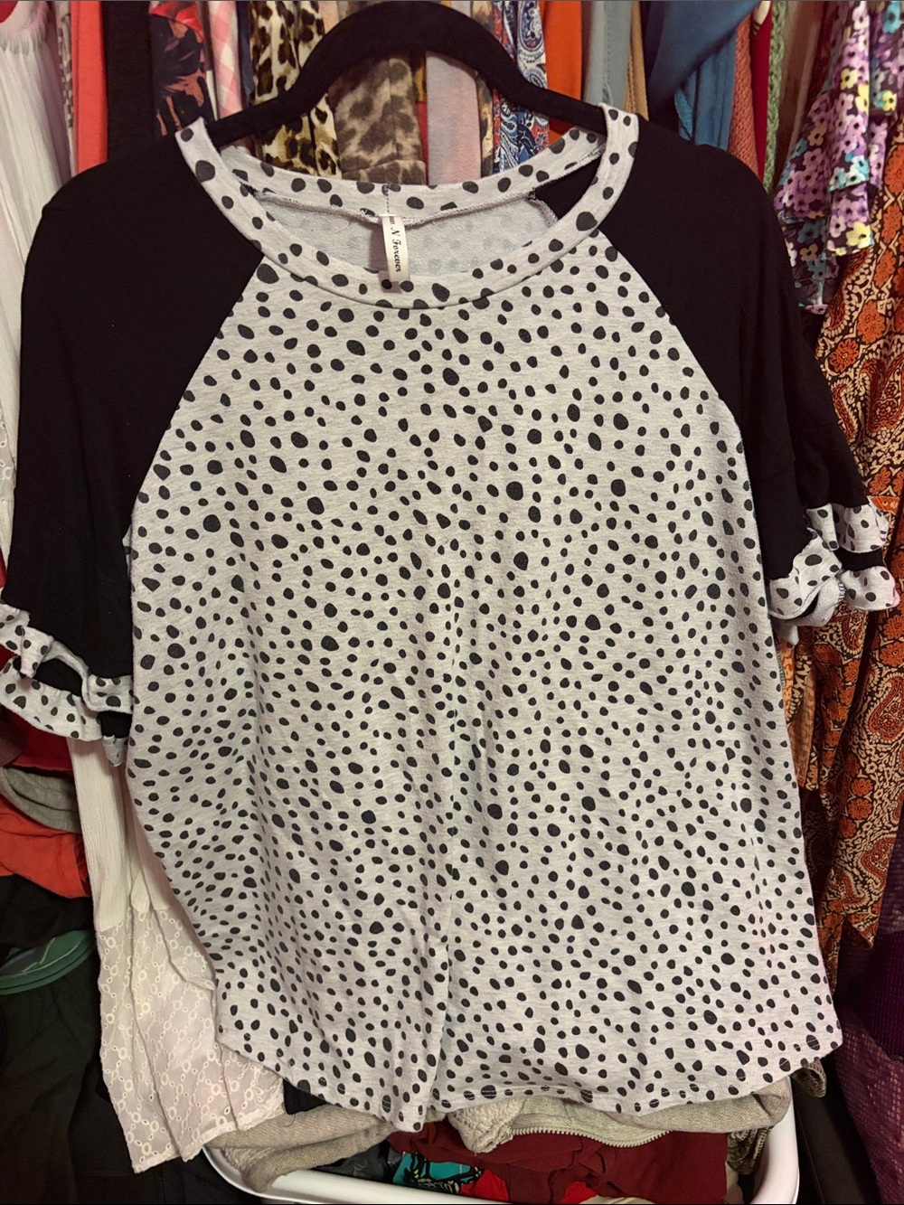 Now n Forever Black & White Polka Dot Raglan Tee